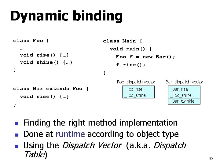 Dynamic binding class Foo { … void rise() {…} void shine() {…} } class