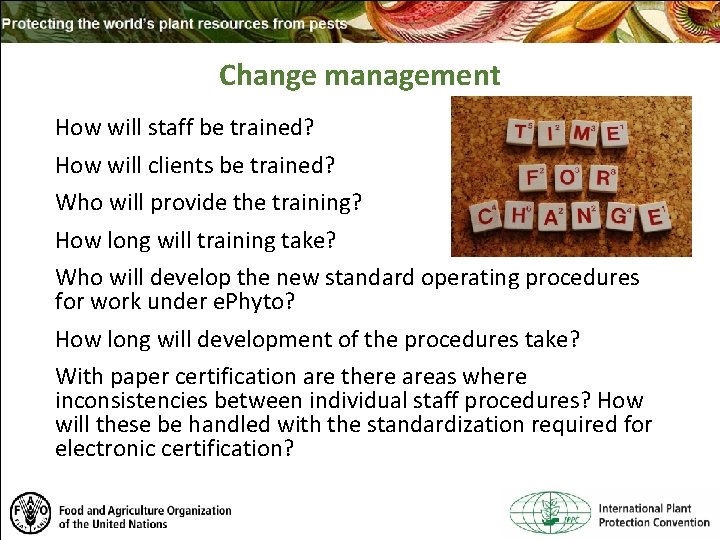 Change management How will staff be trained? How will clients be trained? Who will
