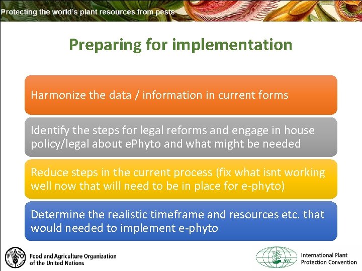 Preparing for implementation Harmonize the data / information in current forms Identify the steps