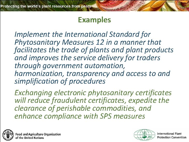 Examples Implement the International Standard for Phytosanitary Measures 12 in a manner that facilitates