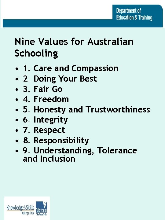 Nine Values for Australian Schooling • • • 1. Care and Compassion 2. Doing