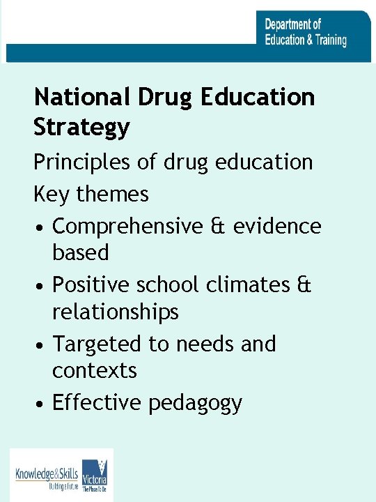 National Drug Education Strategy Principles of drug education Key themes • Comprehensive & evidence