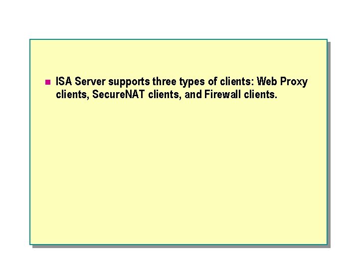 n ISA Server supports three types of clients: Web Proxy clients, Secure. NAT clients,
