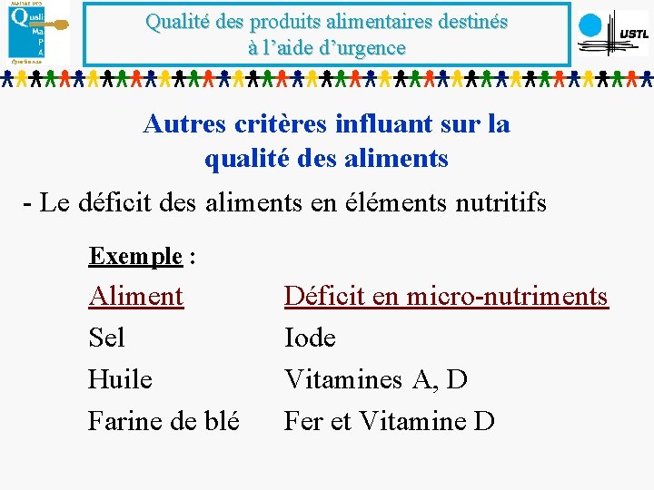 Qualité des produits alimentaires destinés à l’aide d’urgence Autres critères influant sur la qualité