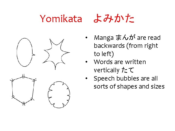 Yomikata よみかた • Manga まんが are read backwards (from right to left) • Words