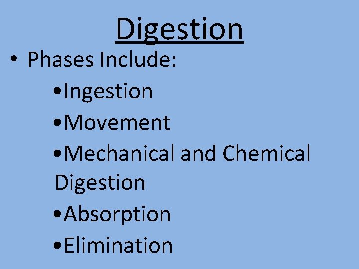 Digestion • Phases Include: • Ingestion • Movement • Mechanical and Chemical Digestion •