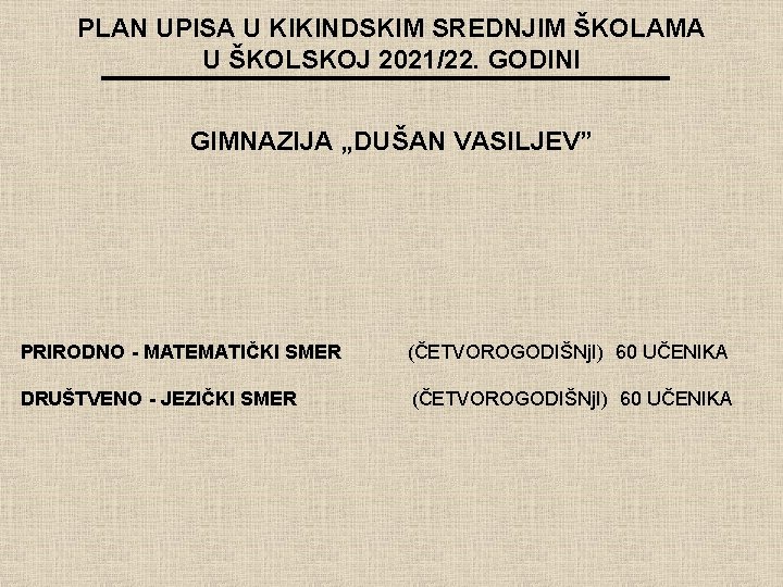 PLAN UPISA U KIKINDSKIM SREDNJIM ŠKOLAMA U ŠKOLSKOJ 2021/22. GODINI GIMNAZIJA „DUŠAN VASILJEV” PRIRODNO