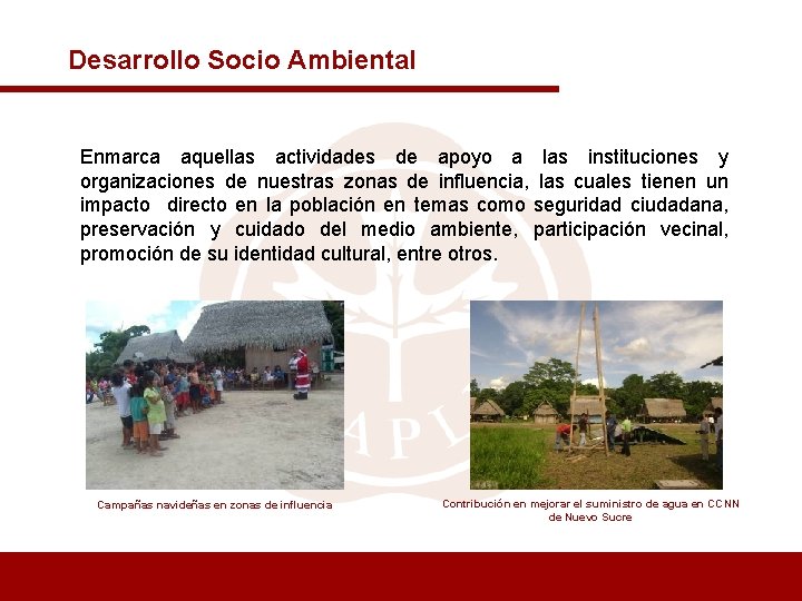 Desarrollo Socio Ambiental Enmarca aquellas actividades de apoyo a las instituciones y organizaciones de