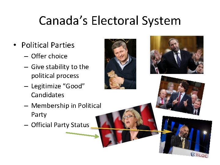 Canada’s Electoral System • Political Parties – Offer choice – Give stability to the