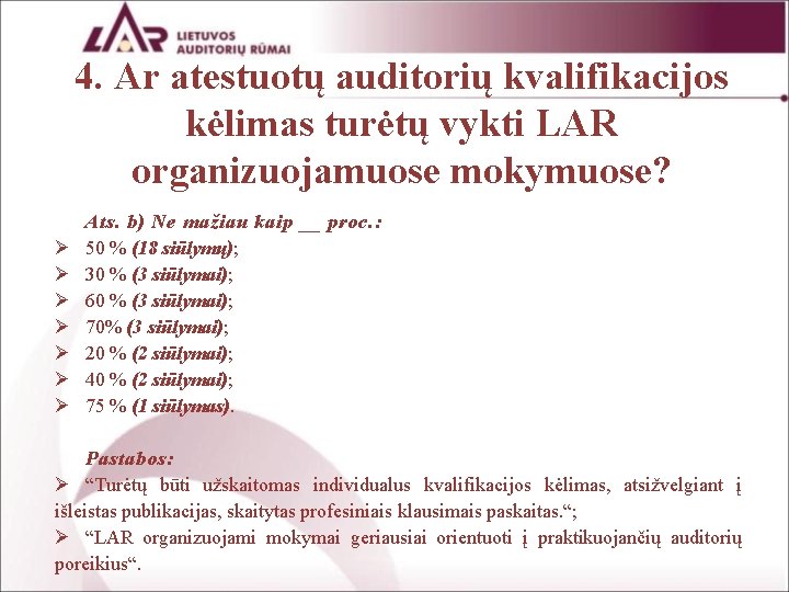 4. Ar atestuotų auditorių kvalifikacijos kėlimas turėtų vykti LAR organizuojamuose mokymuose? Ø Ø Ø