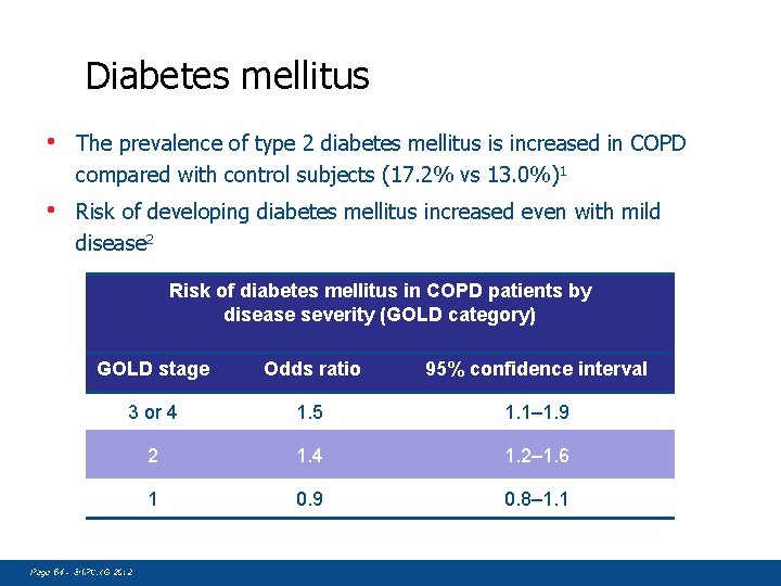 Diabetes mellitus • The prevalence of type 2 diabetes mellitus is increased in COPD