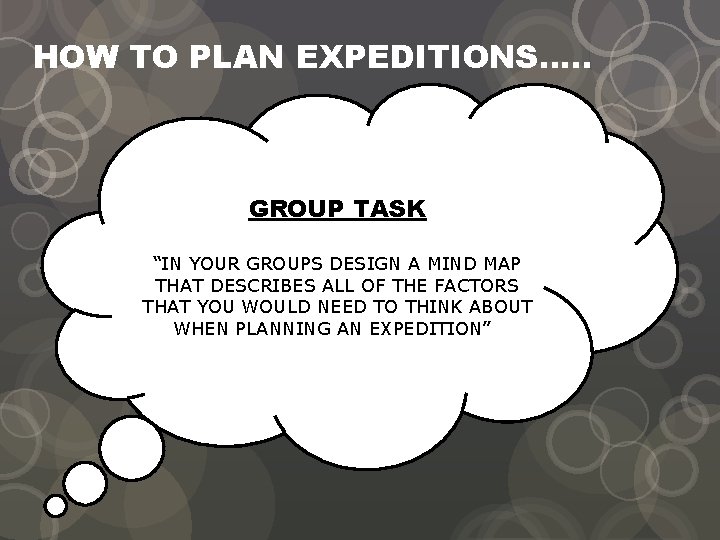 HOW TO PLAN EXPEDITIONS…. . GROUP TASK “IN YOUR GROUPS DESIGN A MIND MAP