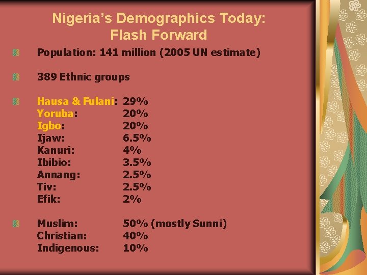 Nigeria’s Demographics Today: Flash Forward Population: 141 million (2005 UN estimate) 389 Ethnic groups