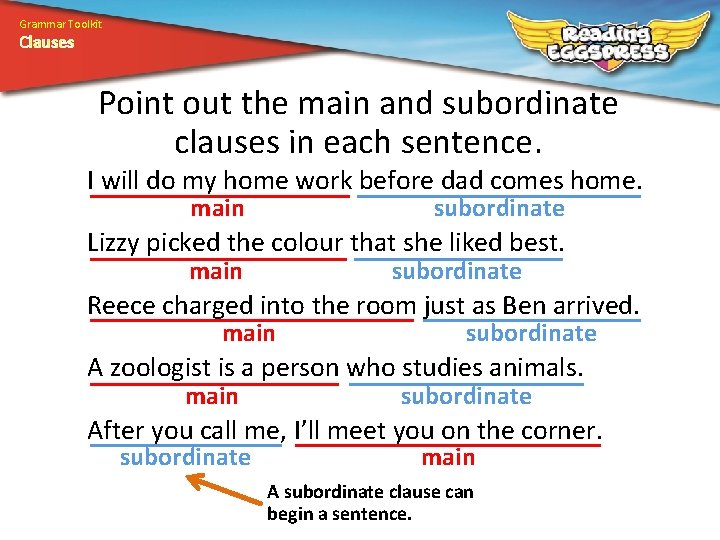 Grammar Toolkit Clauses Point out the main and subordinate clauses in each sentence. I