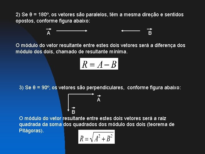 2) Se θ = 180º, os vetores são paralelos, têm a mesma direção e