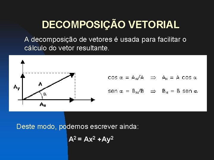 DECOMPOSIÇÃO VETORIAL A decomposição de vetores é usada para facilitar o cálculo do vetor