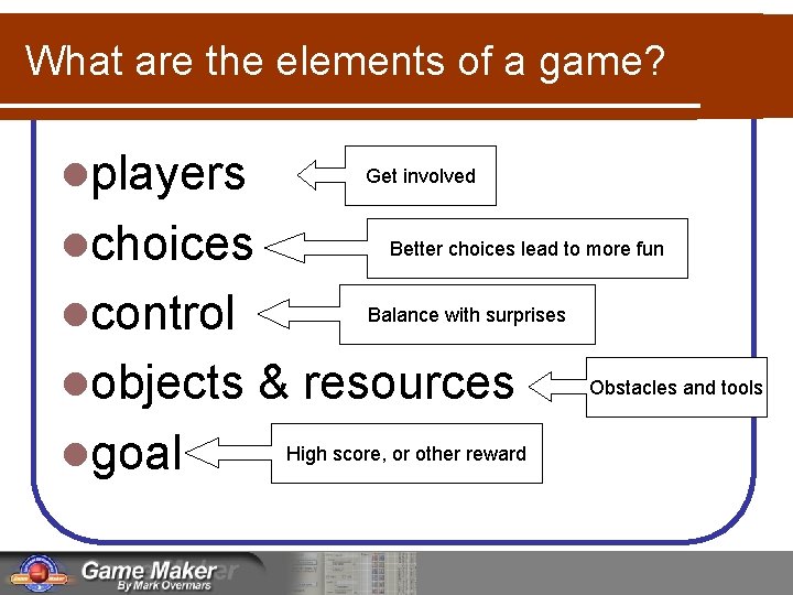 What are the elements of a game? lplayers lchoices lcontrol lobjects lgoal Get involved