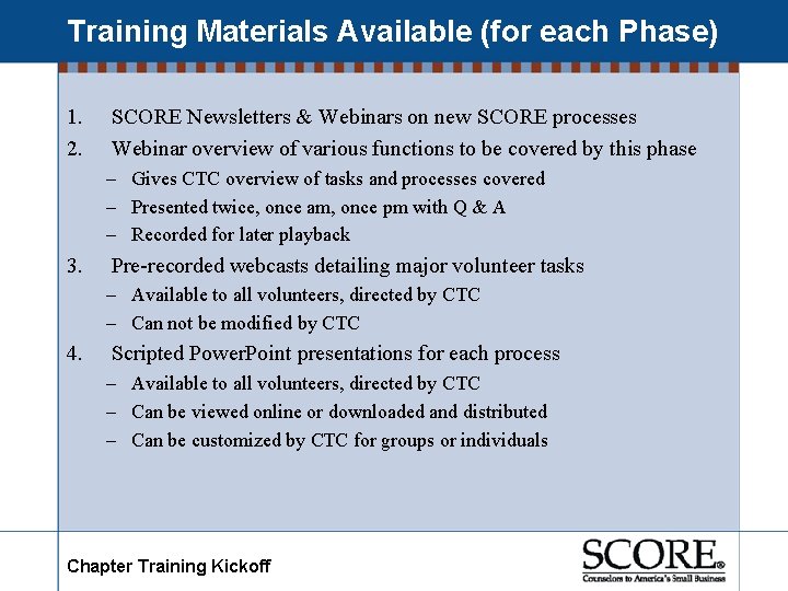 Training Materials Available (for each Phase) 1. 2. SCORE Newsletters & Webinars on new