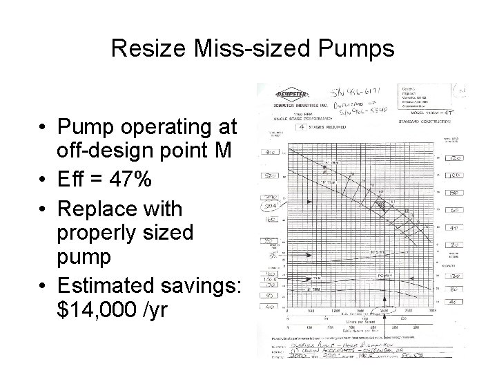 Resize Miss-sized Pumps • Pump operating at off-design point M • Eff = 47%