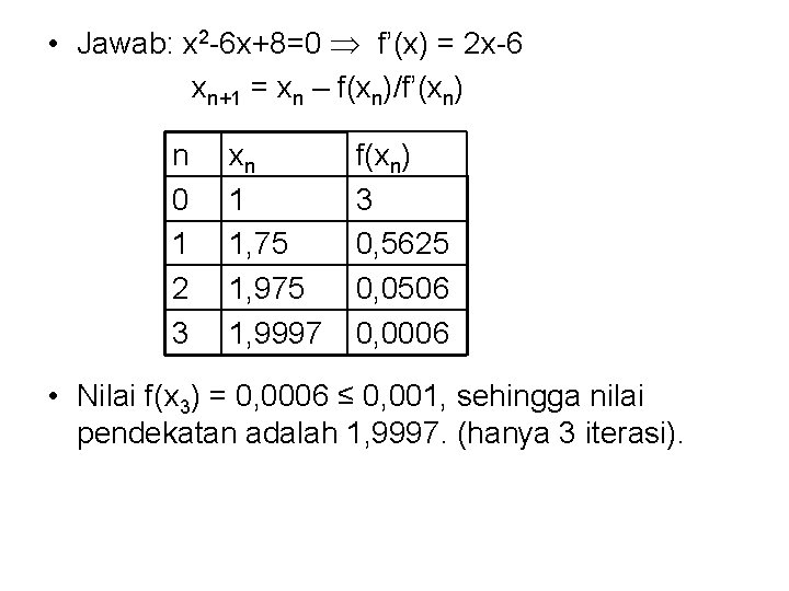  • Jawab: x 2 -6 x+8=0 f’(x) = 2 x-6 xn+1 = xn