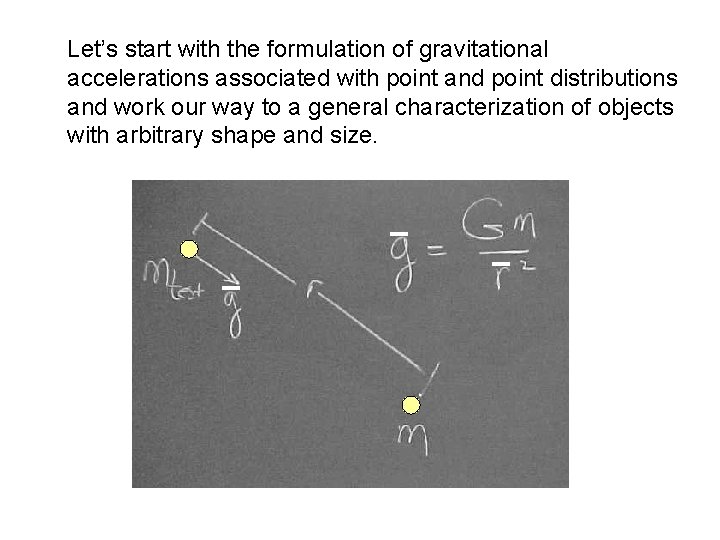 Let’s start with the formulation of gravitational accelerations associated with point and point distributions