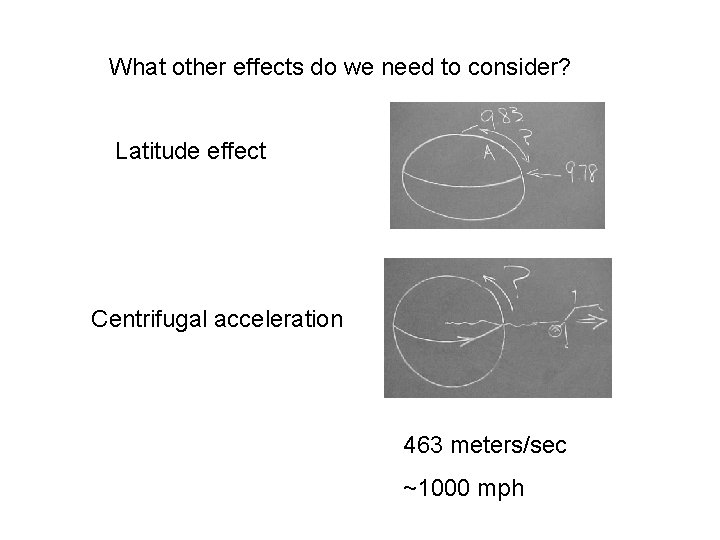 What other effects do we need to consider? Latitude effect Centrifugal acceleration 463 meters/sec