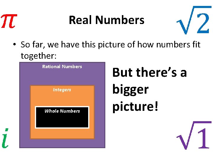 Real Numbers • So far, we have this picture of how numbers fit together: