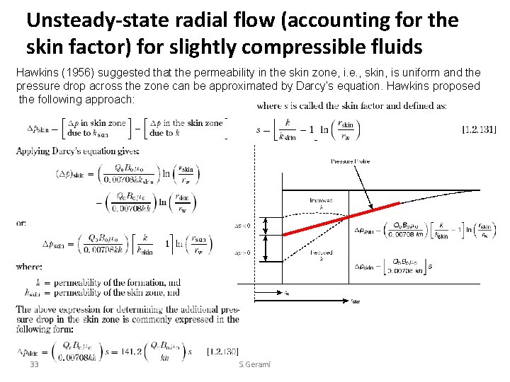 Unsteady-state radial flow (accounting for the skin factor) for slightly compressible fluids Hawkins (1956)