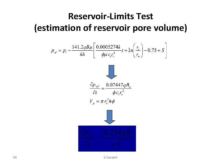 Reservoir-Limits Test (estimation of reservoir pore volume) 44 S. Gerami 