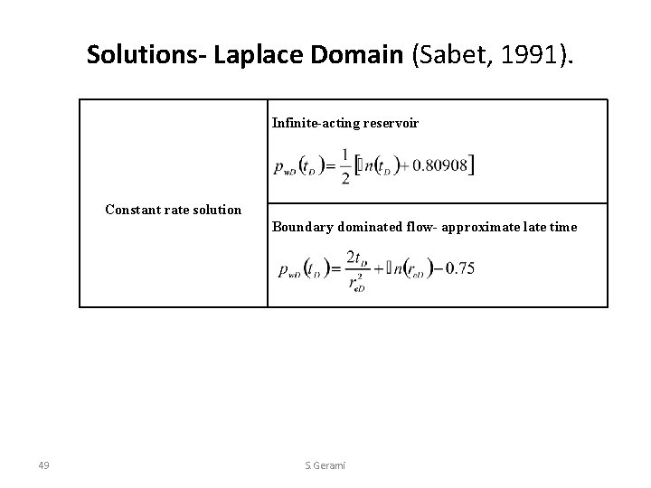 Solutions- Laplace Domain (Sabet, 1991). Infinite-acting reservoir Constant rate solution Boundary dominated flow- approximate