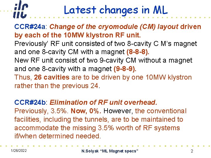 Latest changes in ML CCR#24 a: Change of the cryomodule (CM) layout driven by