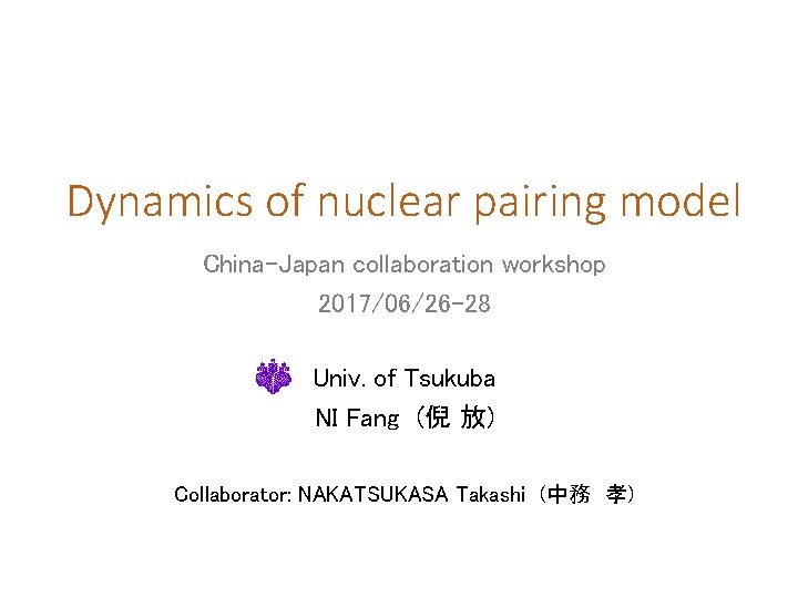 Dynamics of nuclear pairing model China-Japan collaboration workshop 2017/06/26 -28 Univ. of Tsukuba NI