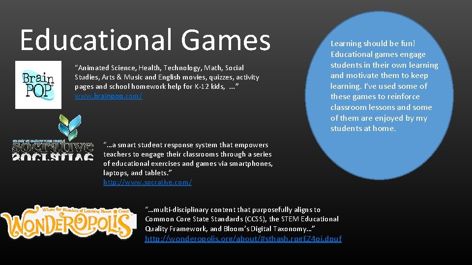Educational Games “Animated Science, Health, Technology, Math, Social Studies, Arts & Music and English