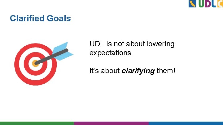 Clarified Goals UDL is not about lowering expectations. It’s about clarifying them! 