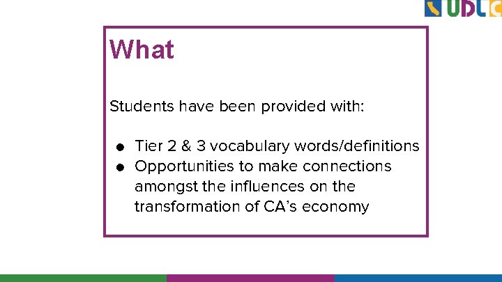 What Students have been provided with: ● ● Tier 2 & 3 vocabulary words/definitions