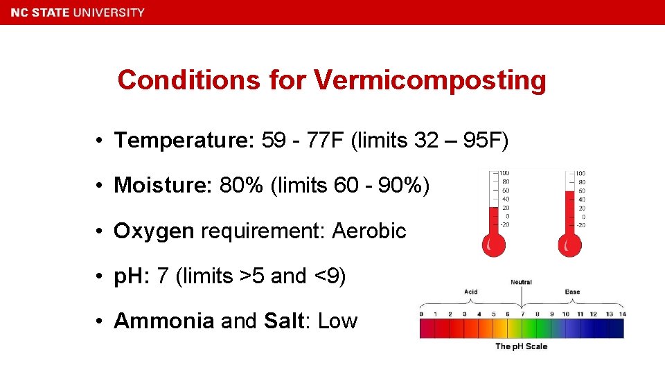 Conditions for Vermicomposting • Temperature: 59 - 77 F (limits 32 – 95 F)
