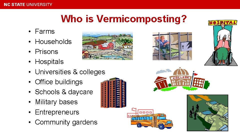 Who is Vermicomposting? • • • Farms Households Prisons Hospitals Universities & colleges Office