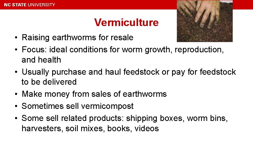 Vermiculture • Raising earthworms for resale • Focus: ideal conditions for worm growth, reproduction,