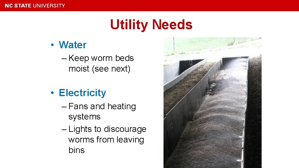 Utility Needs • Water – Keep worm beds moist (see next) • Electricity –