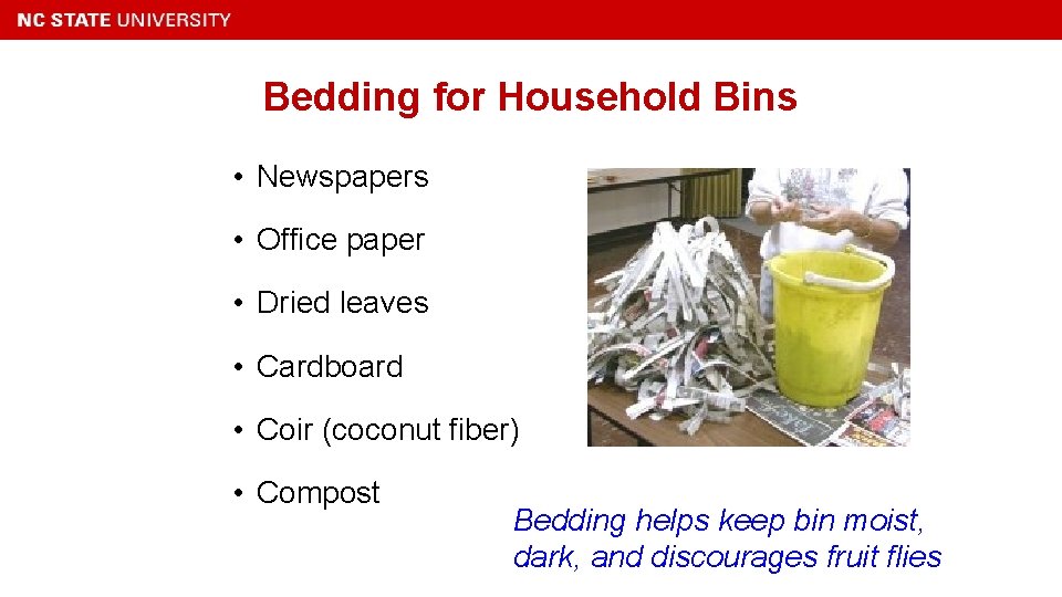 Bedding for Household Bins • Newspapers • Office paper • Dried leaves • Cardboard