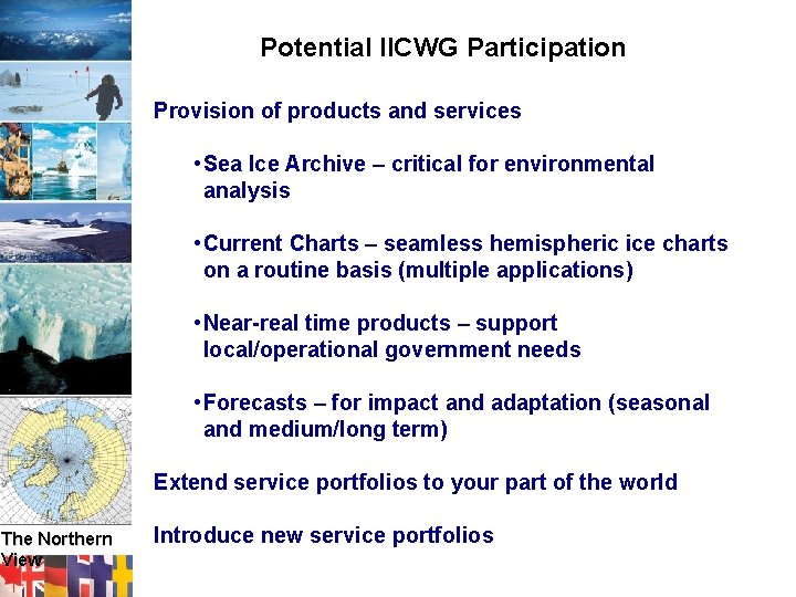 Potential IICWG Participation Provision of products and services • Sea Ice Archive – critical