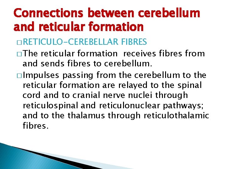 Connections between cerebellum and reticular formation � RETICULO-CEREBELLAR FIBRES � The reticular formation receives