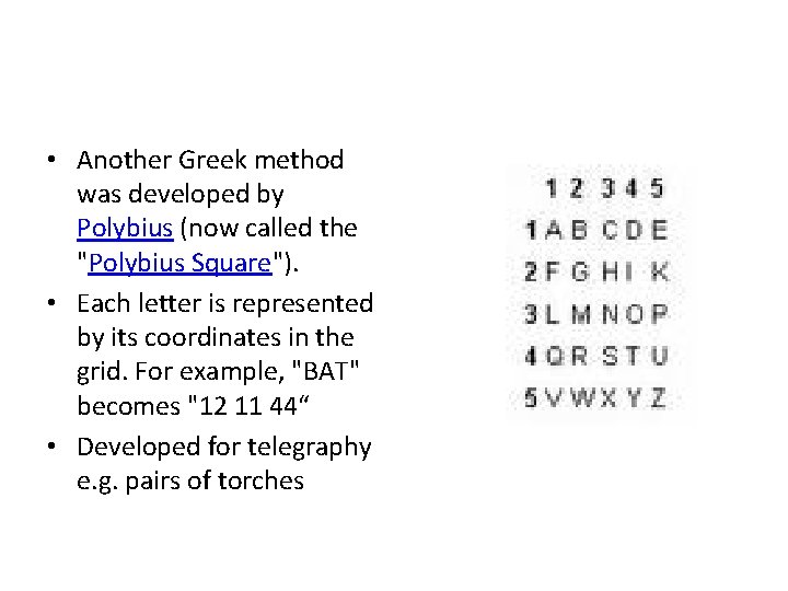  • Another Greek method was developed by Polybius (now called the "Polybius Square").