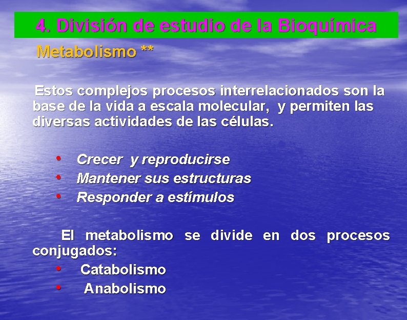 4. División de estudio de la Bioquímica Metabolismo ** Estos complejos procesos interrelacionados son