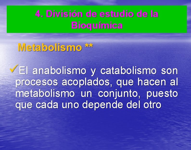 4. División de estudio de la Bioquímica Metabolismo ** üEl anabolismo y catabolismo son