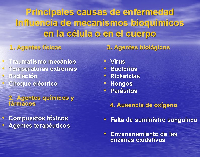 Principales causas de enfermedad Influencia de mecanismos bioquímicos en la célula o en el