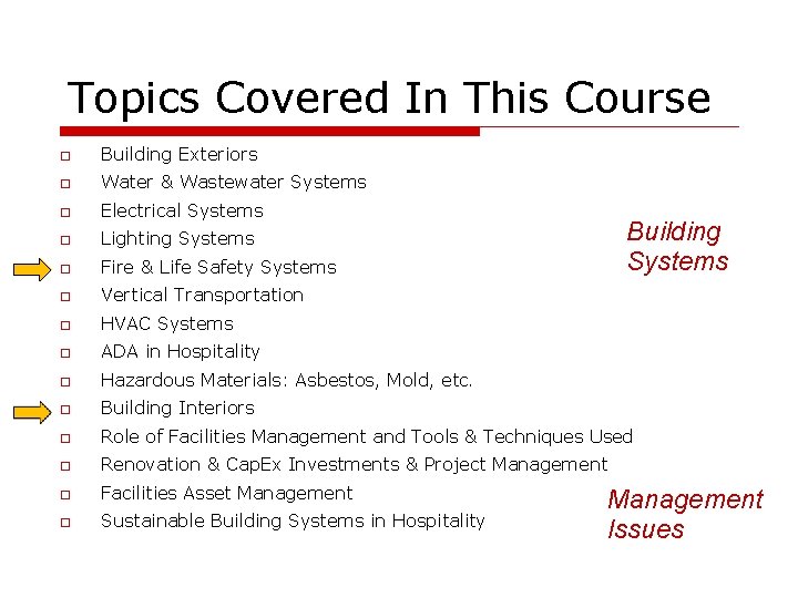 Topics Covered In This Course Building Exteriors Water & Wastewater Systems Electrical Systems Lighting