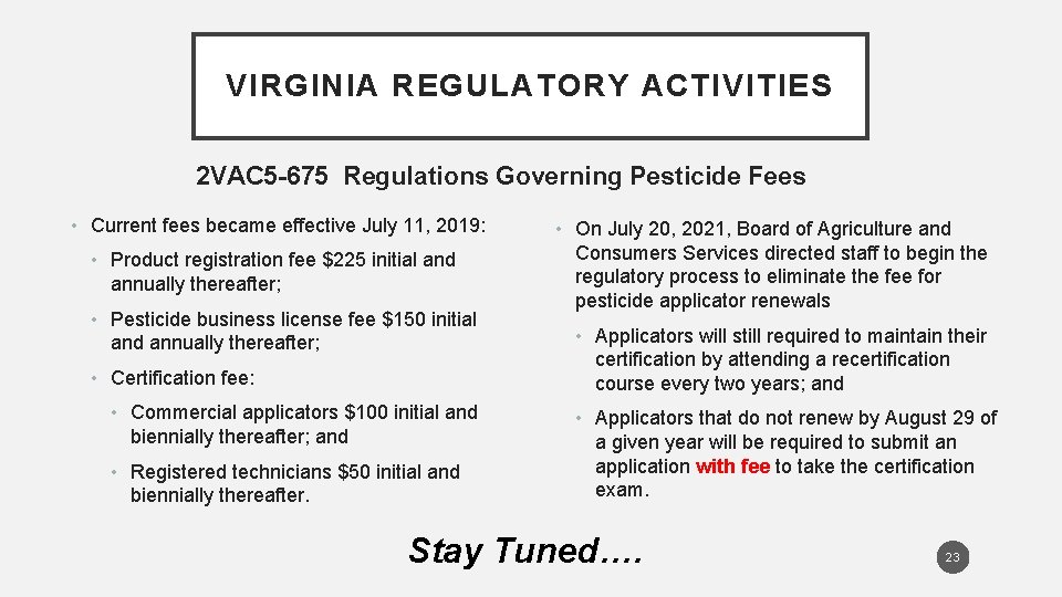 VIRGINIA REGULATORY ACTIVITIES 2 VAC 5 -675 Regulations Governing Pesticide Fees • Current fees