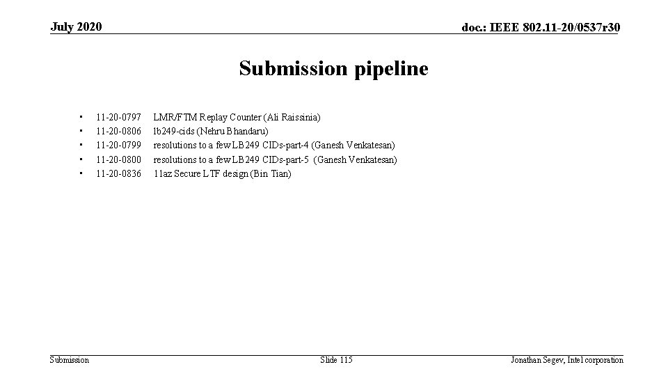 July 2020 doc. : IEEE 802. 11 -20/0537 r 30 Submission pipeline • •