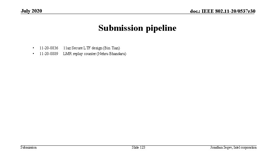 July 2020 doc. : IEEE 802. 11 -20/0537 r 30 Submission pipeline • •